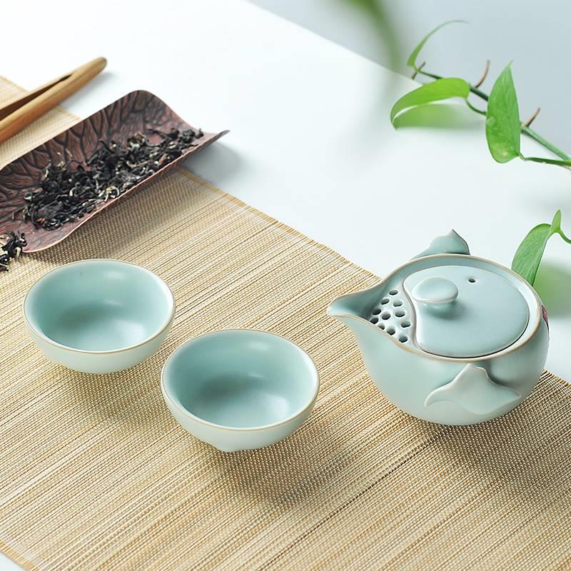 汝窑快客杯旅行套组车载功夫茶具套装便携式茶壶陶瓷一壶两杯特价