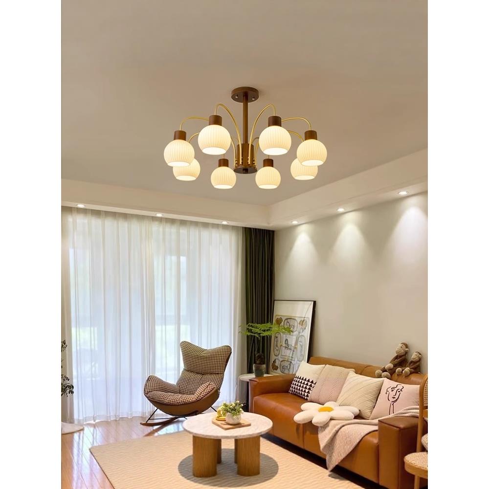 新中式客厅主灯，中世纪胡桃色吊灯，覆古风格实木Wabi-Sabi风格