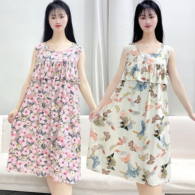 棉绸睡裙夏季薄女款2025新款冰丝不带胸垫防凸点莫代尔睡衣家居服