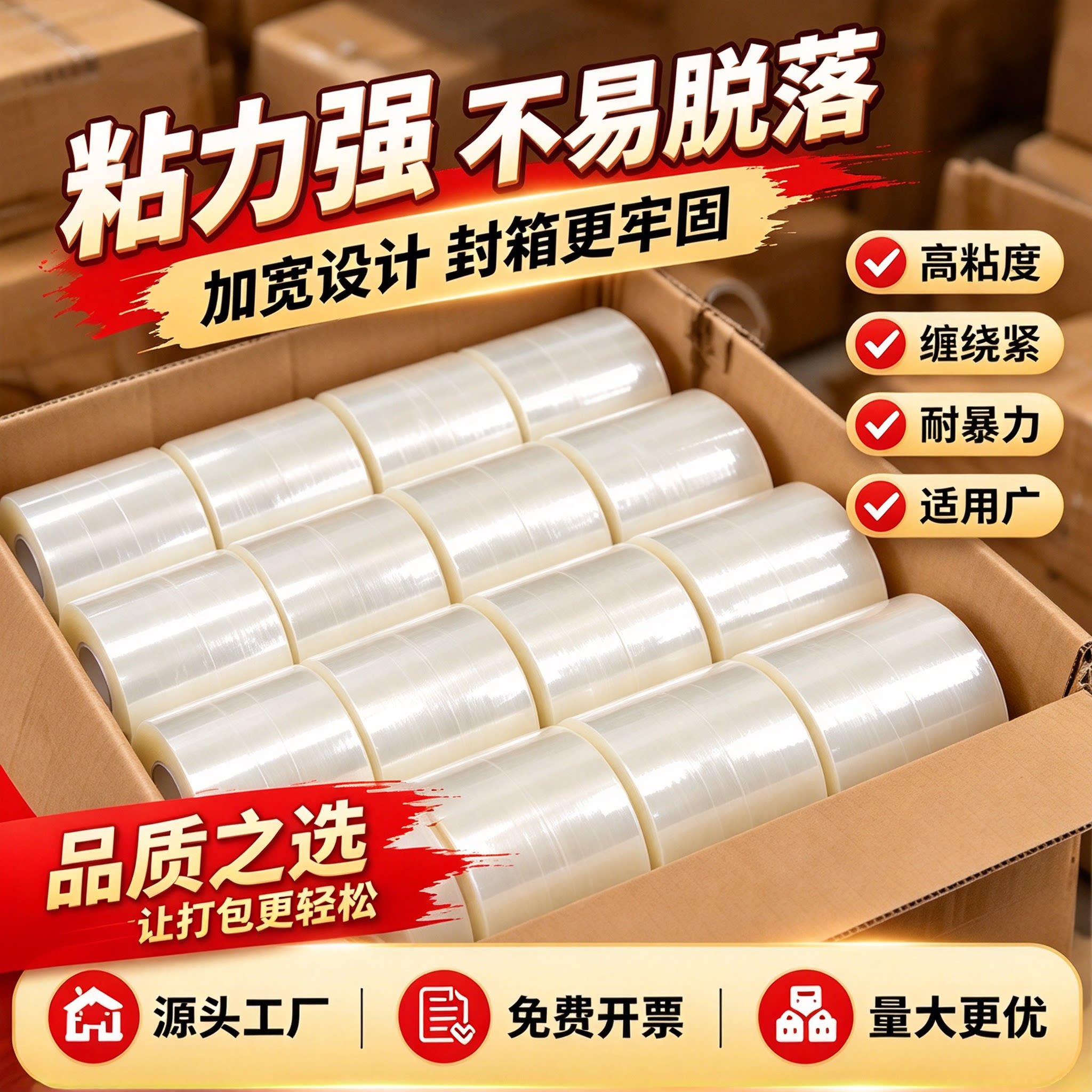 纸箱宽胶布打包宽胶带透明封箱胶布粘性强加宽透明胶带大卷装单卷