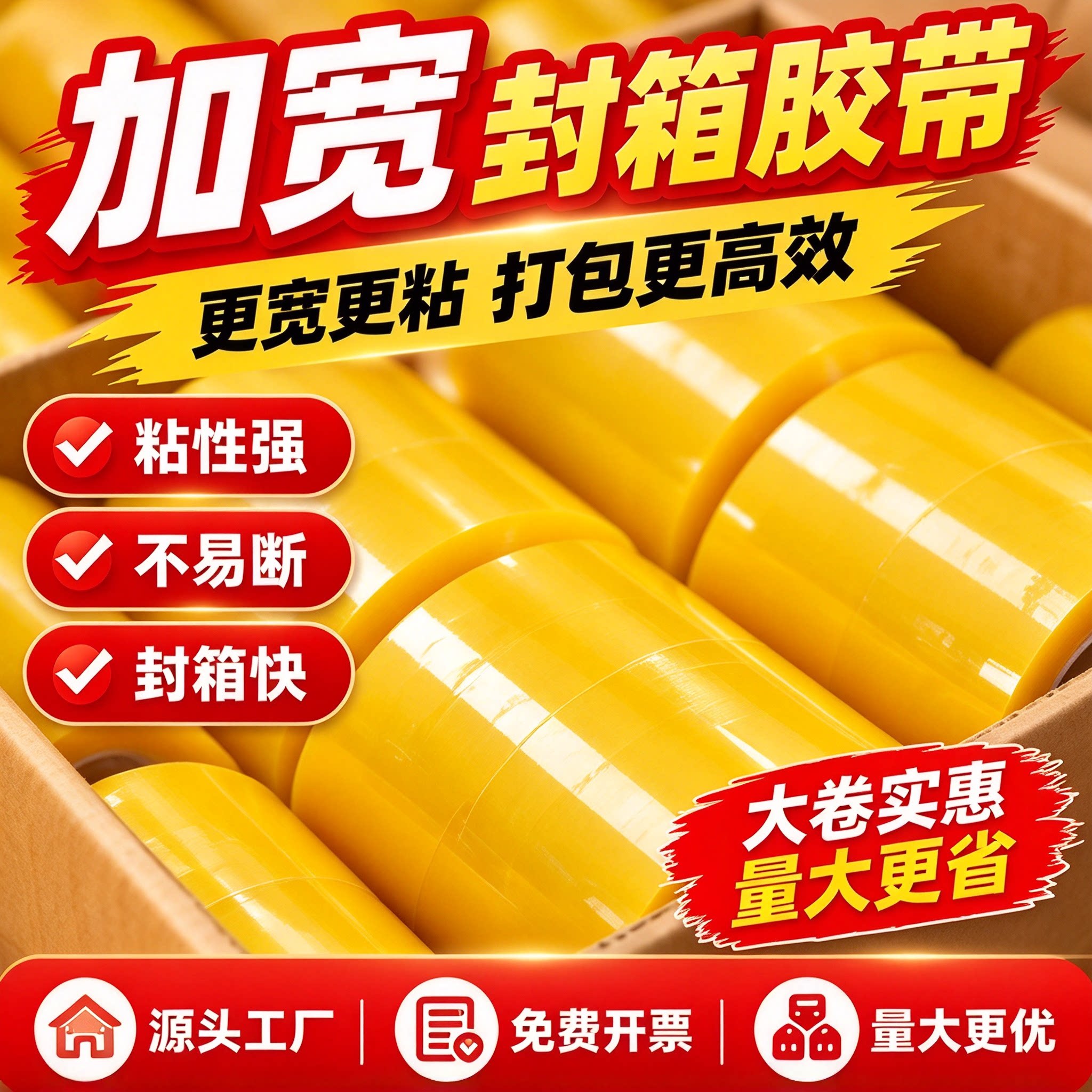 宽胶带不易断加厚单卷加宽美工封口厂家直销封箱胶带纸箱胶纸黄色