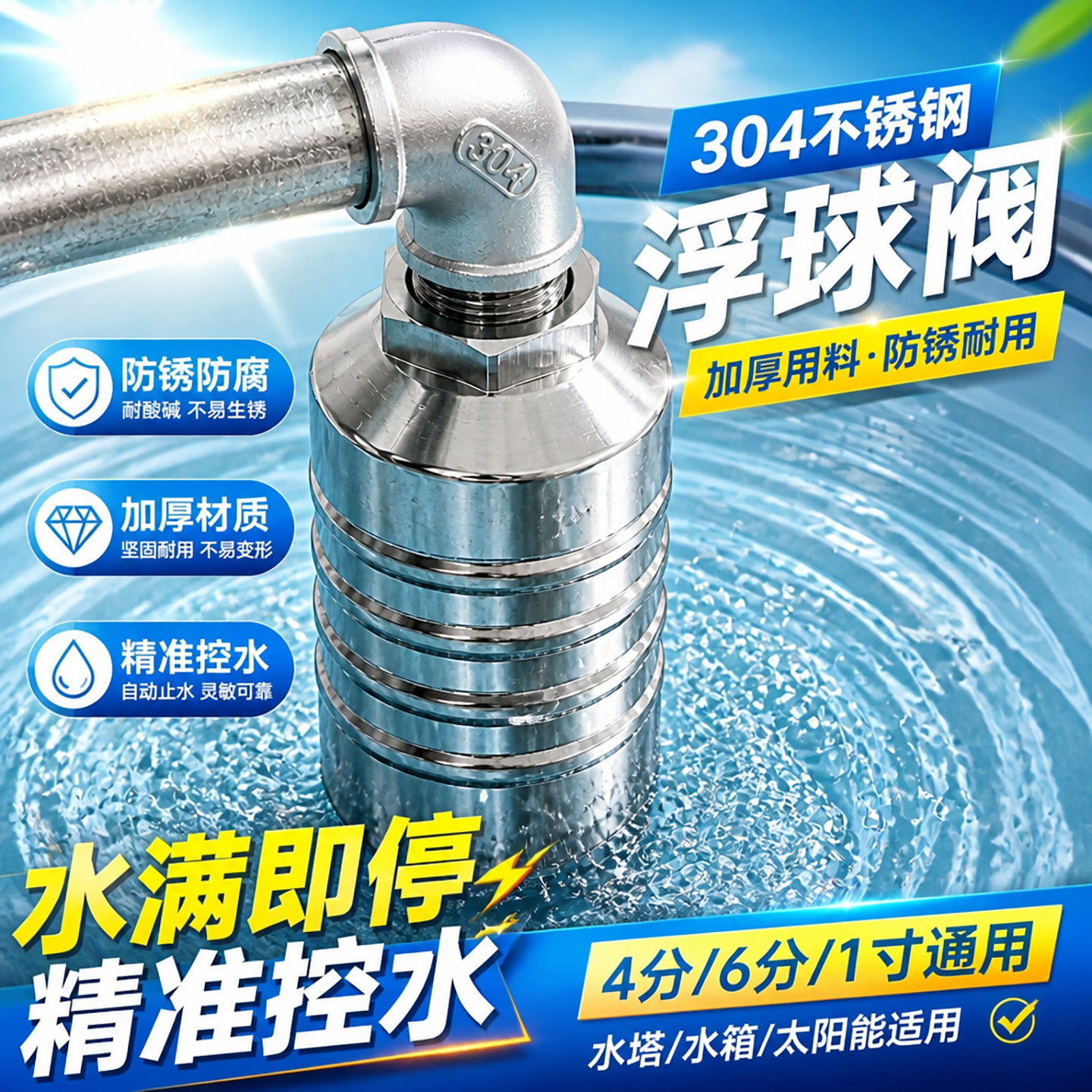 水塔止补水满停止全自动304不锈钢浮球阀水满自停阀水池水位开关