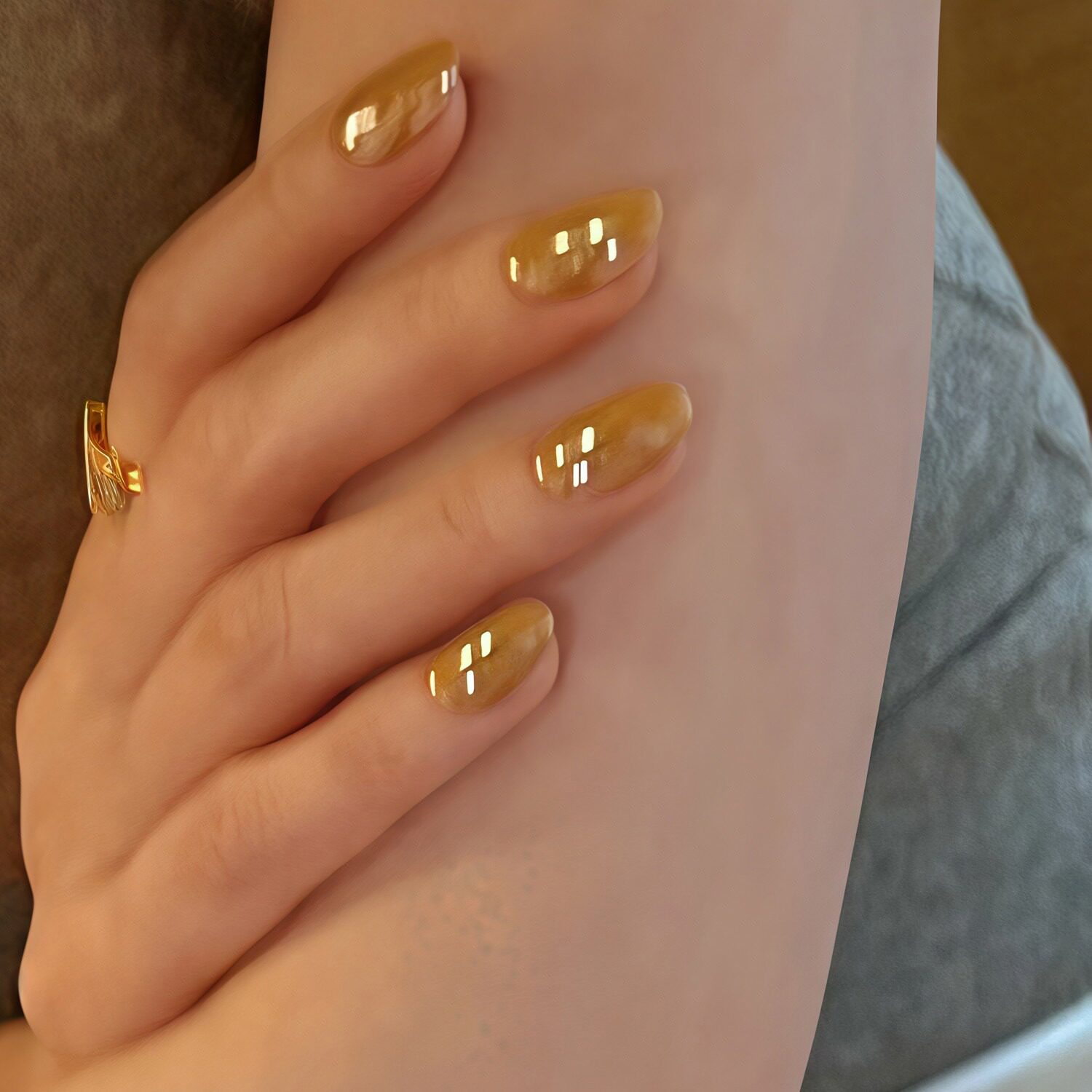 Hailey海莉同款欧美气质姜黄色月光珍珠极光纯手工穿戴甲美甲贴片
