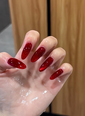 流色红色玻璃珠猫眼简约高级穿戴甲纯手工定制新年显白美甲成品