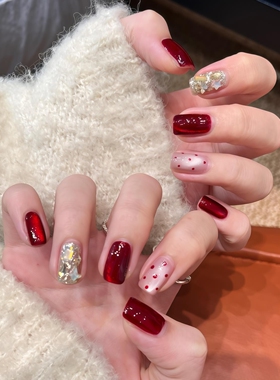 【红色波点】2025新款高品质酒红色金光猫眼短款纯手工穿戴甲