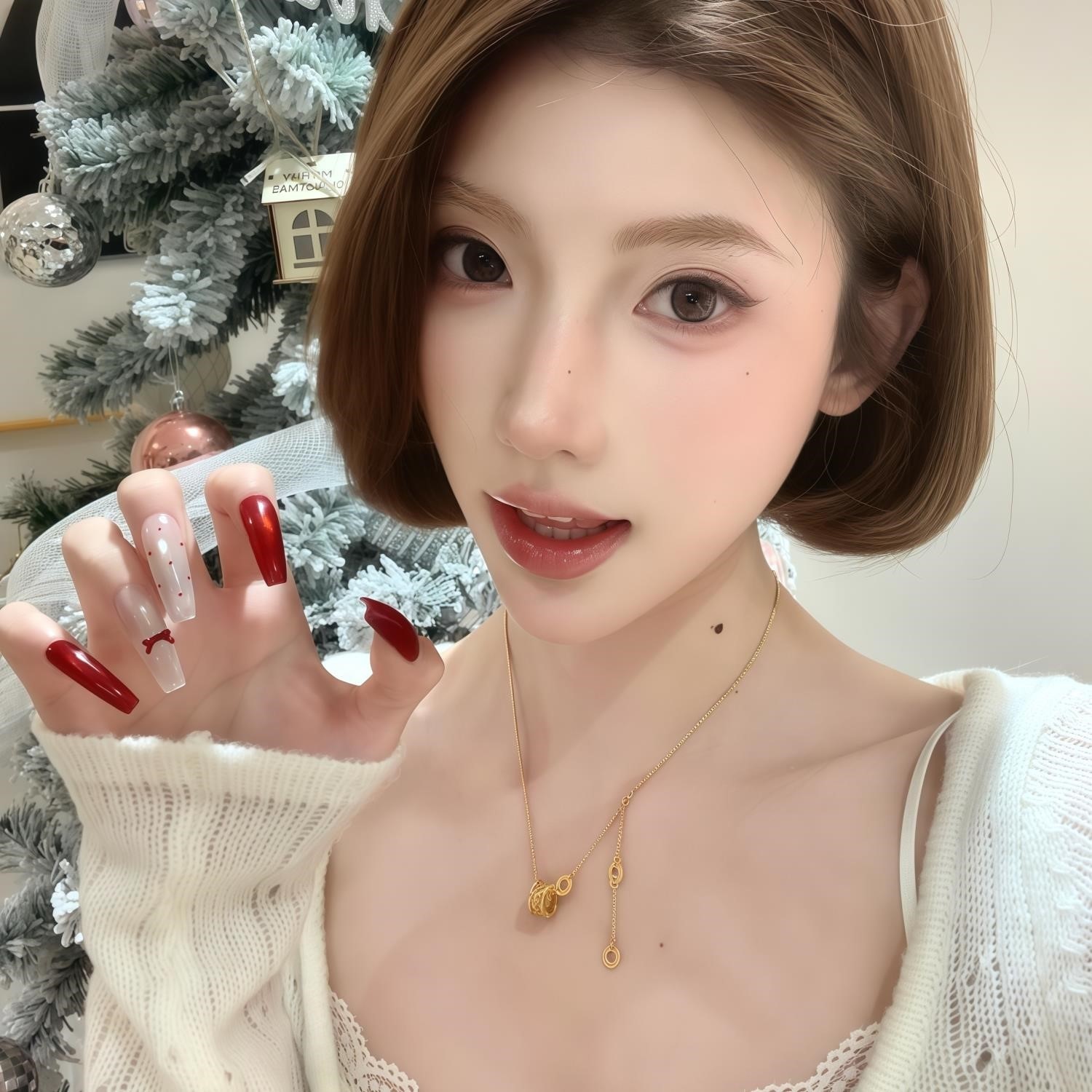 新年红色美甲法式高级猫眼红丝绒波点蝴蝶结显白可拆卸手工穿戴甲