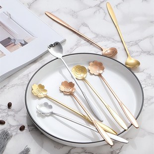 速发勺子个用创意家性可爱不锈钢勺镀金瓣花勺梅花玫瑰花朵咖啡勺