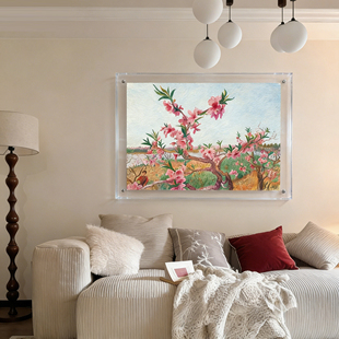 桃花油画风格亚克力画框中古风客厅沙发背景墙装饰画餐厅饭厅挂画