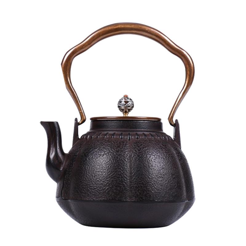 日本式老铸铁壶南部铜盖铜把铸铁壶 老生铁壶煮茶壶1.1L六福锈色