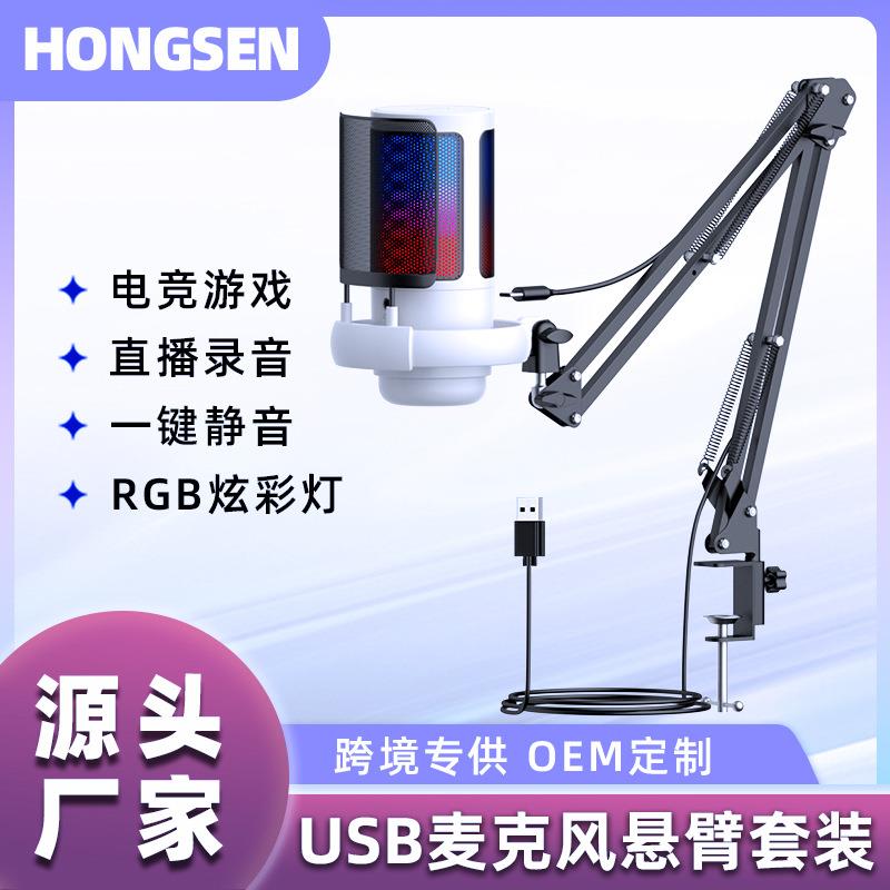 跨境私模usb麦克风手机游戏语音直播麦克风RGB录音降噪电容话筒