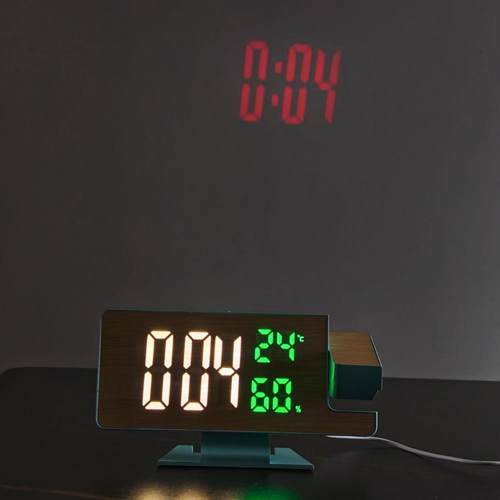 竹木饰面大屏LED闹钟电子静音时钟带温湿度显示桌面投影钟