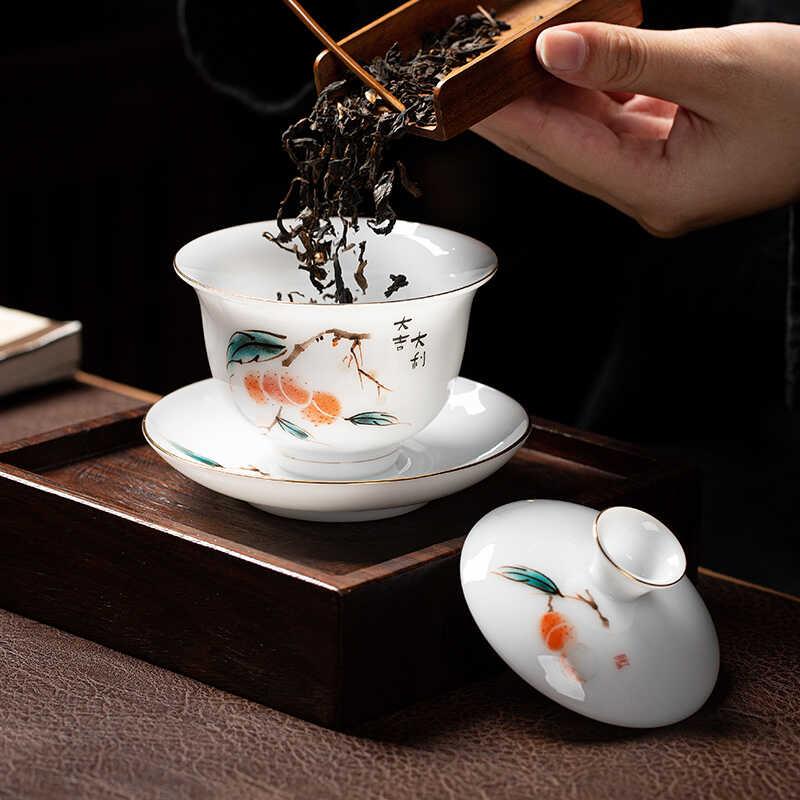 冰悬停三彩盖碗家用功夫茶套装茶杯陶瓷茶碗高档小盖碗礼品定制