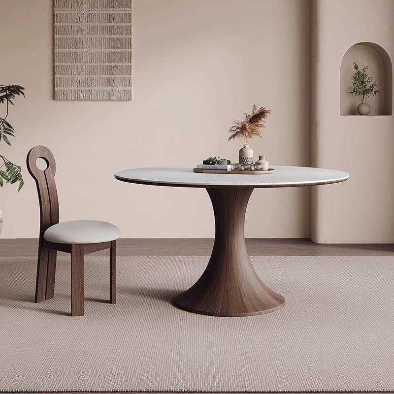 德利丰实木岩板餐桌圆形家用小户型中古侘寂高端全托 托哑光转盘