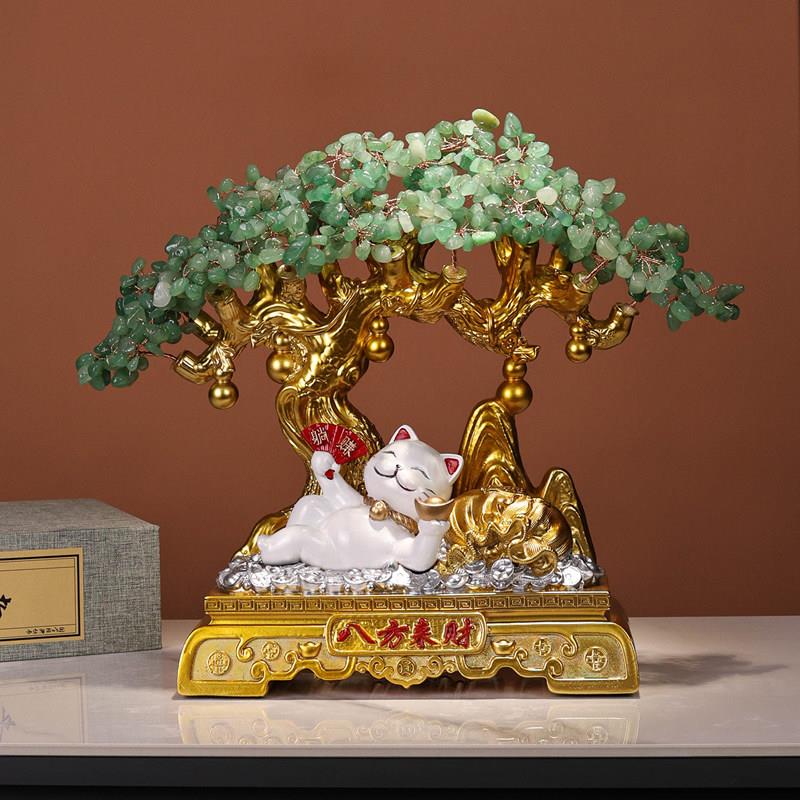 八方来财摆件躺赢招财猫发财树天然水晶玄关装饰办公开业礼物乔迁