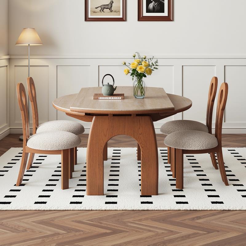 法式中古风实木全托洞石餐桌家用小户型可方可变圆桌可伸缩吃饭桌