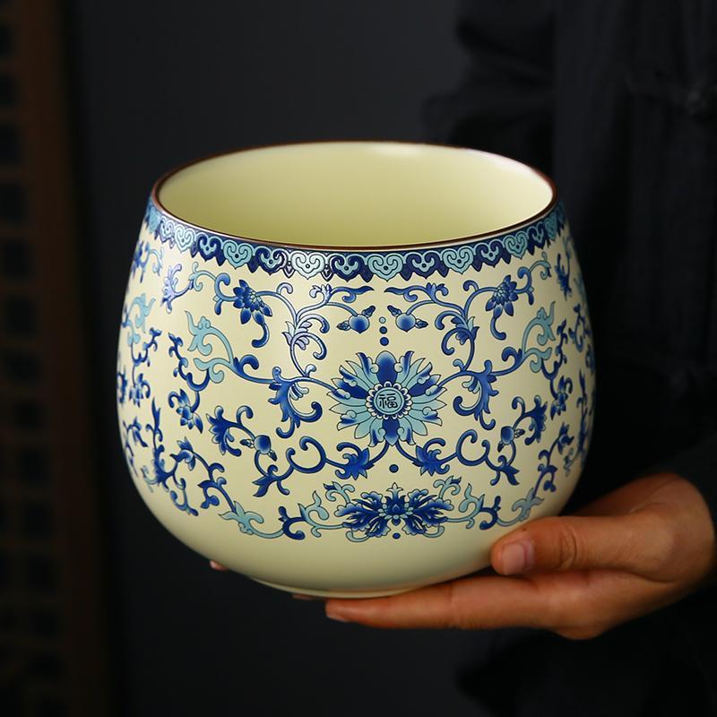 汝窑茶洗茶渣缸缠枝莲陶瓷大号水盂废水桶烟灰缸茶具配件茶水缸