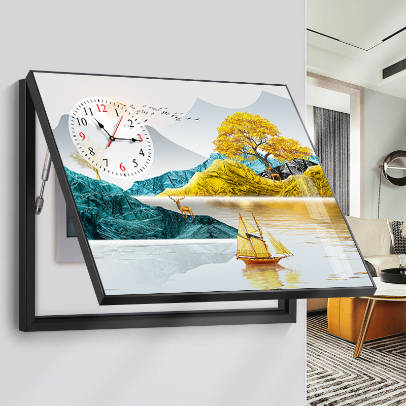 电表箱开关装饰画免打孔晶瓷九鱼图带钟表高档现代弱电闸盒遮挡箱图片