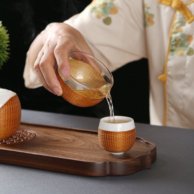好货新中式纯手工竹丝扣瓷竹编茶具一壶四杯套装茶壶茶杯公道杯伴