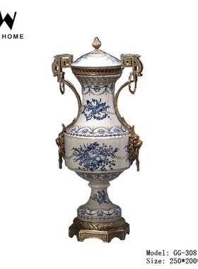 中式轻奢别墅家居青花装饰品摆件铜配陶瓷青花罐客厅门厅奖杯盖坛