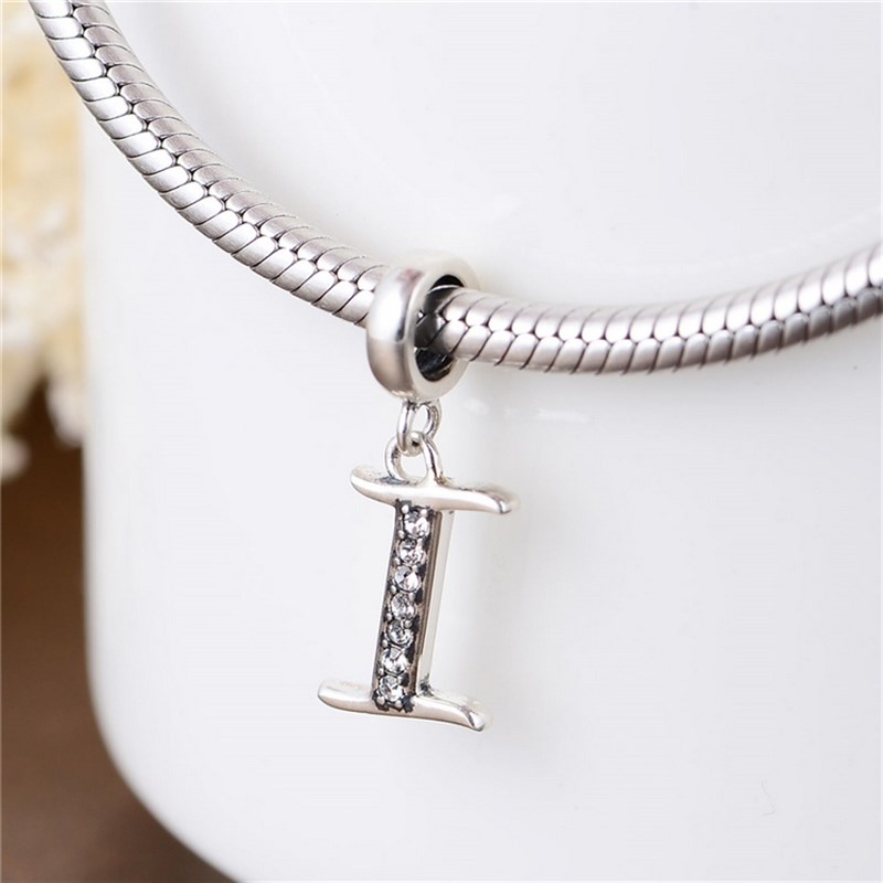S067I 镶石字母I纯银吊坠 925纯银珠子DIY银珠串珠搭配手錬Beads