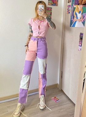 2021 New hip hop autumn Blue/Pink patchwork Jeans women High