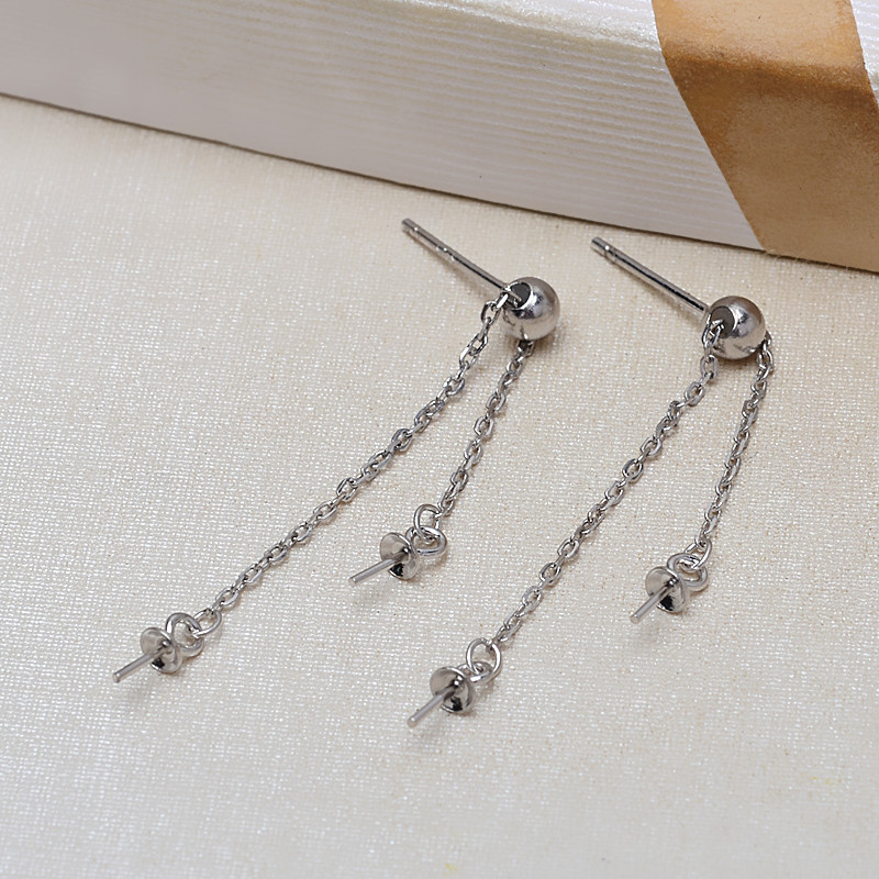 S925银调节球双珠长款流苏耳钉珍珠耳环DIY珍珠饰品配件空托3762