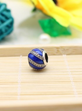 PW268 蓝色滴油纯银螺纹珠子DIY银珠时尚男女礼物流行饰品