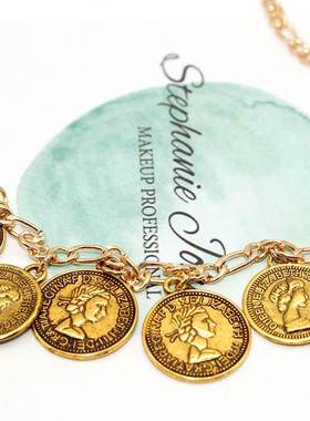 Norns英伦复古怀旧做旧男女人头金币钱币硬币流苏吊饰项链锁骨链