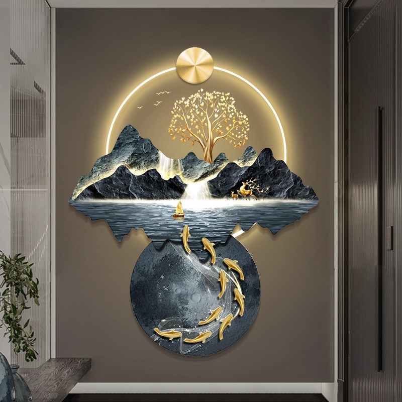 流水生财新中式玄关装饰画山水风景入户走廊过道挂画发财树墙壁灯图片