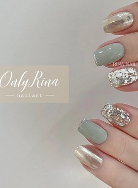 RINA莉奈 /豆蔻绿亮片镜面 定制手工美甲指甲贴片 穿戴甲