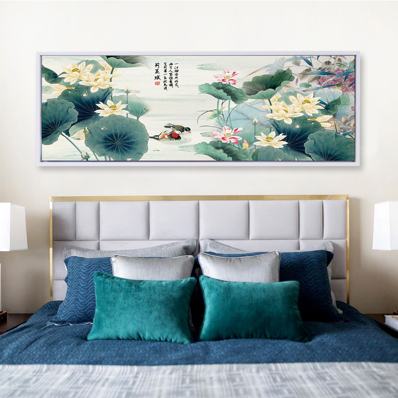 新中式荷花背景墙水墨画鸳鸯戏水卧室床头装饰画主卧温馨挂画客厅图片