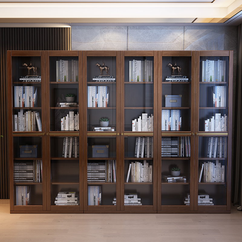轻奢实木书柜组合带玻璃门书架落地家用展示柜书橱现代书房储物柜