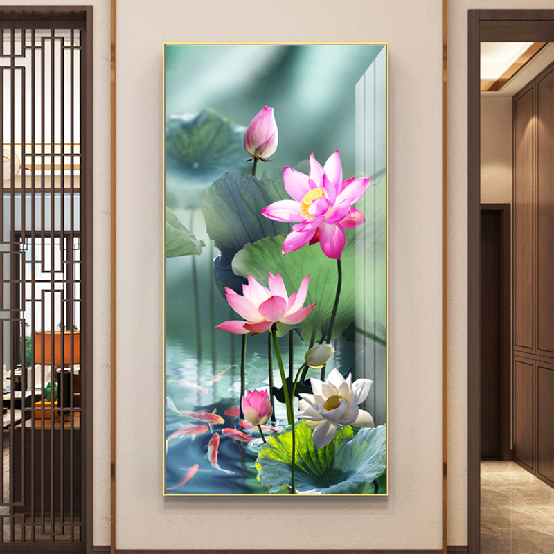 荷花九鱼图入户玄关装饰画手绘油画挂画客厅现代轻奢走廊过道壁画图片