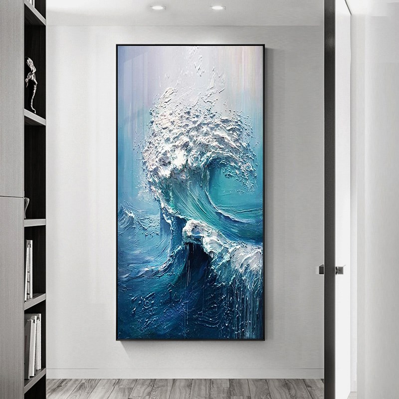 立体油画海浪胸怀大海玄关背景墙装饰画蓝色现代客厅餐厅抽象挂画图片