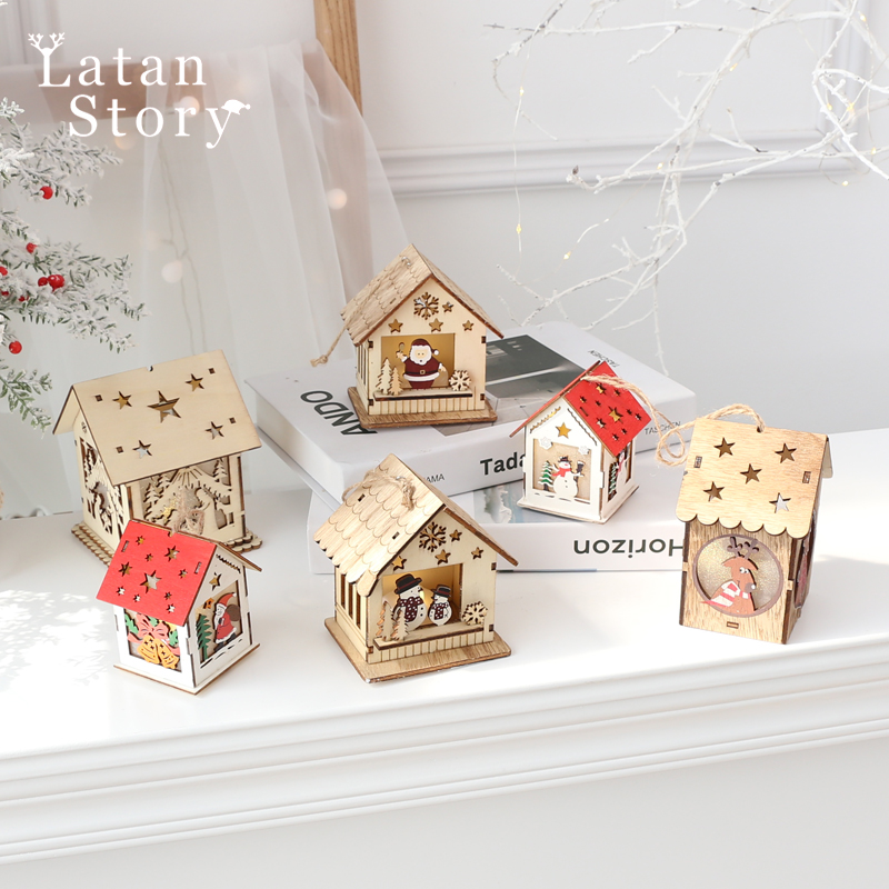 圣诞节装饰品创意ins木艺灯饰挂件创意木质雪屋场景布置道具摆件
