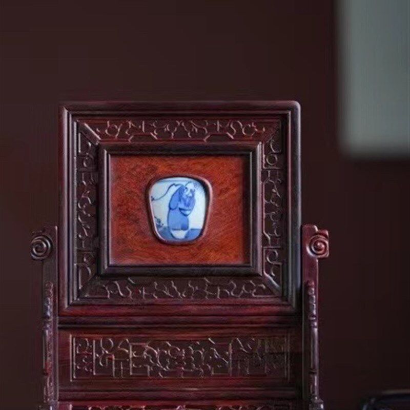 新品紫檀木瘿木嵌古瓷观屏屏风台屏插屏客厅玄关案U几红木新中式