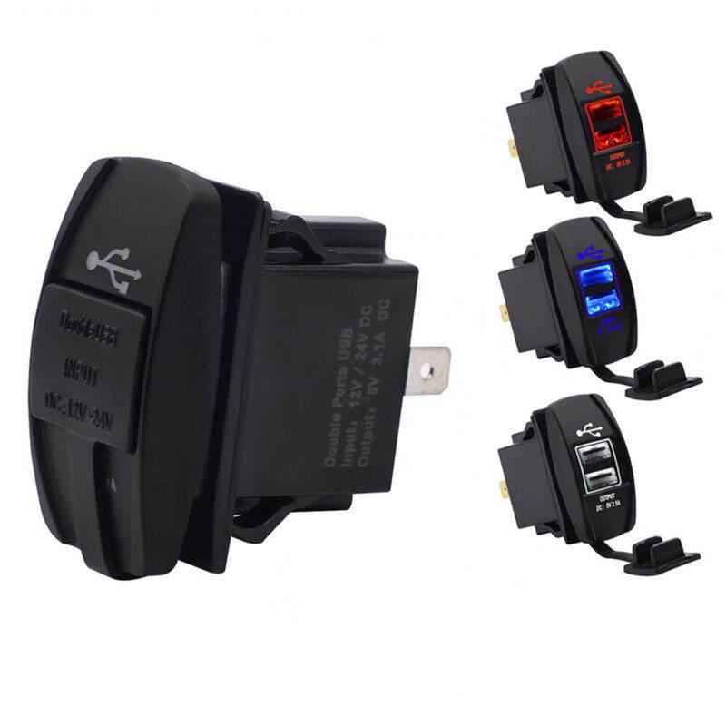 汽车摩托车通用船型双usb车充手机充电器 改装防水蓝LED灯12-24V