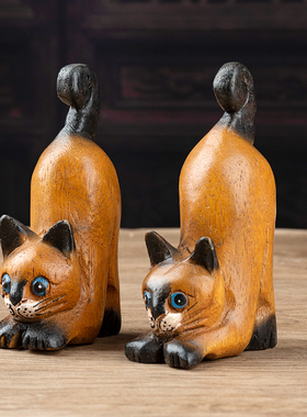 泰国木雕工艺品东南亚木质可爱猫咪装饰桌面小摆件景点旅游纪念品