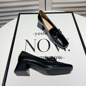 休闲包鞋 女复古英伦风一脚蹬方头小皮鞋 女 Jian粗跟乐福鞋 Uncle