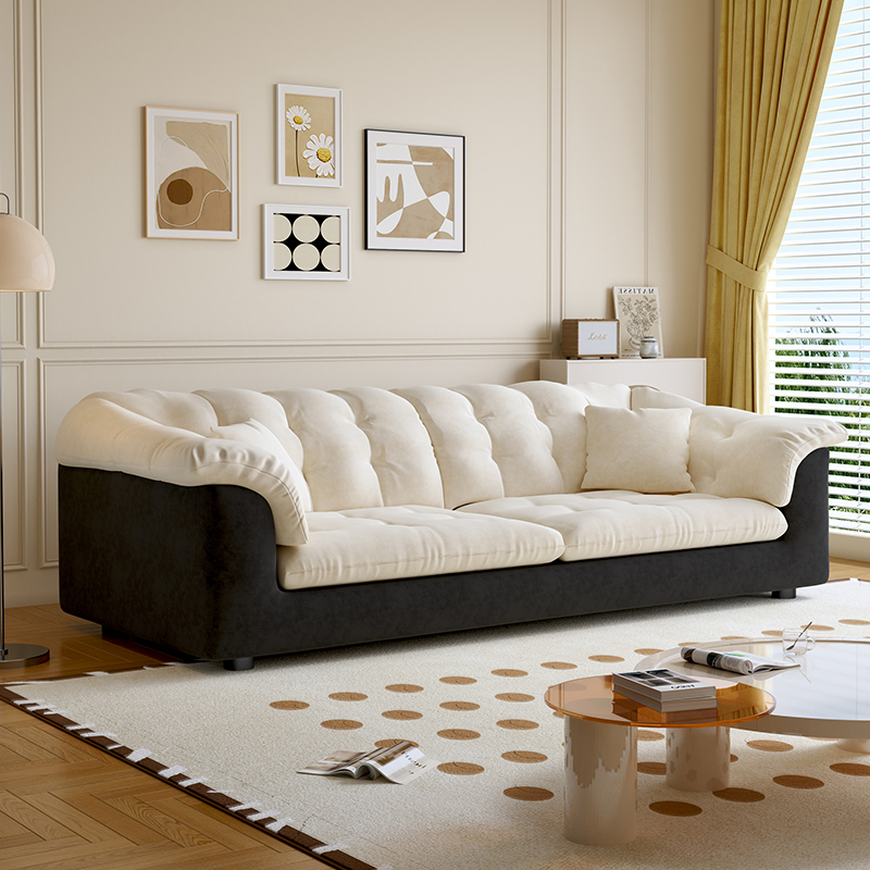 奶油风高级绒山茶花沙发小户型客厅简约云朵直排沙发