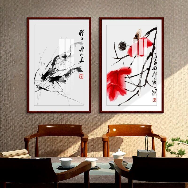 齐白石画中式墨虾图墙壁画客厅挂画沙发背景装饰画玄关画竖版虾画