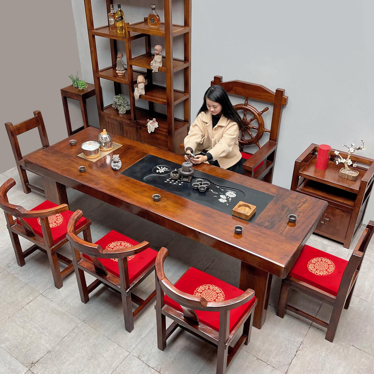 老船木实木茶台茶桌椅组合一桌五椅茶几泡茶桌子烧水壶一体办公室
