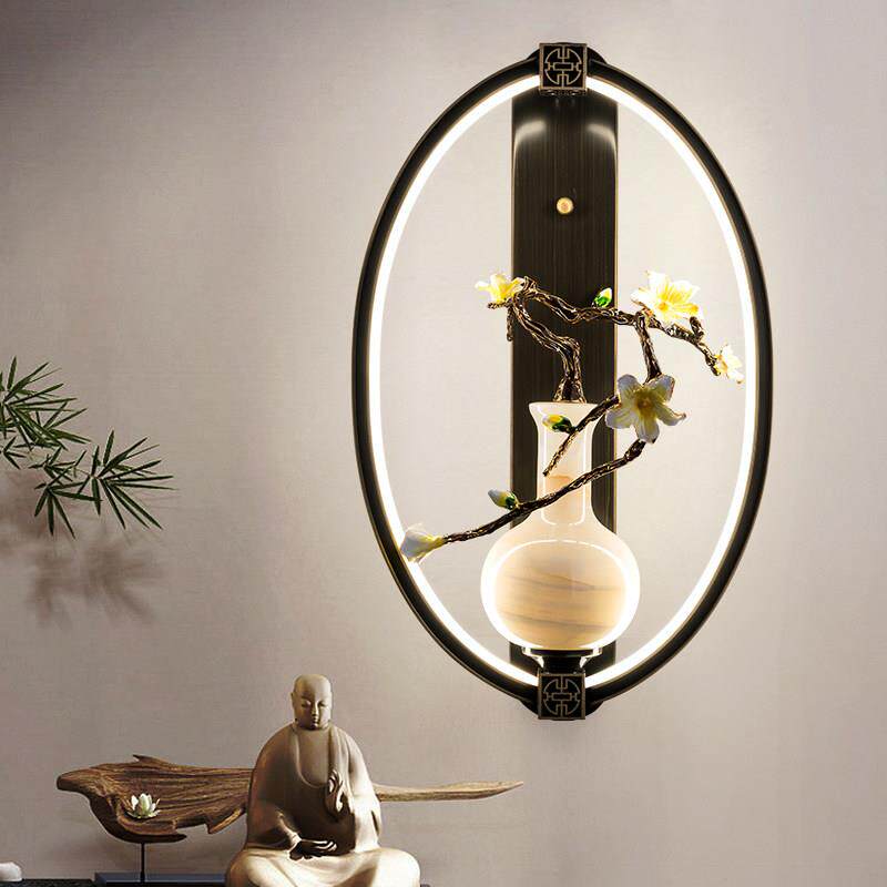 新中式全铜壁灯客厅背景墙灯陶瓷瓶装饰个性创意中国风卧室床头灯