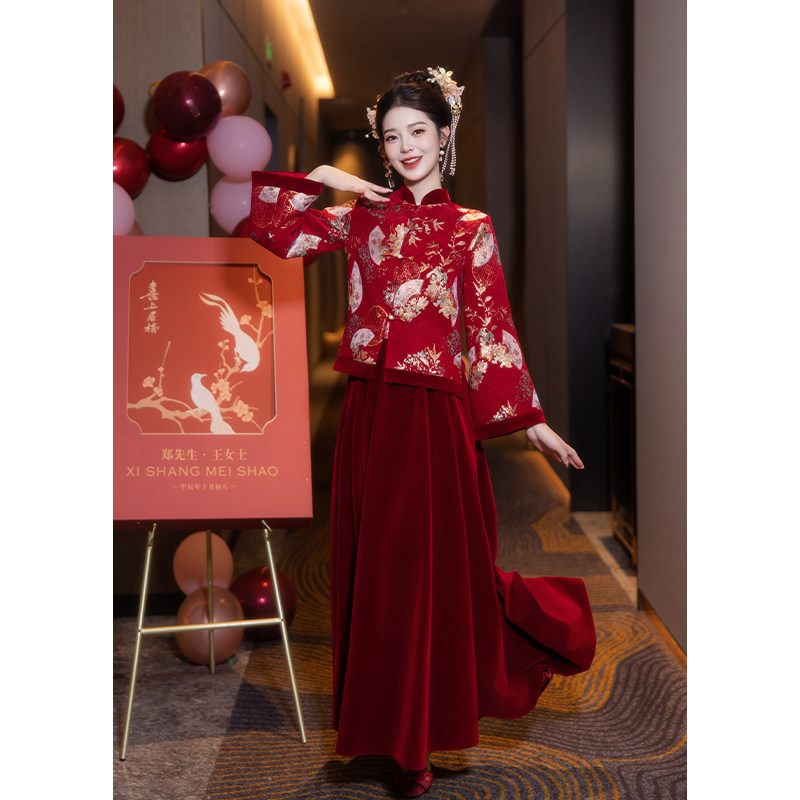 现货速发新中式红色套装旗袍敬酒礼服/晚装