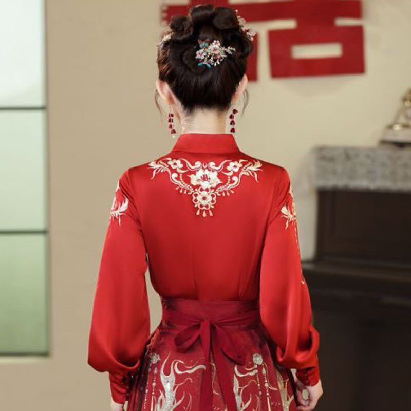 现货速发国风配马面裙上衣结婚汉服高级感长袖秋冬季对襟衬衣新中
