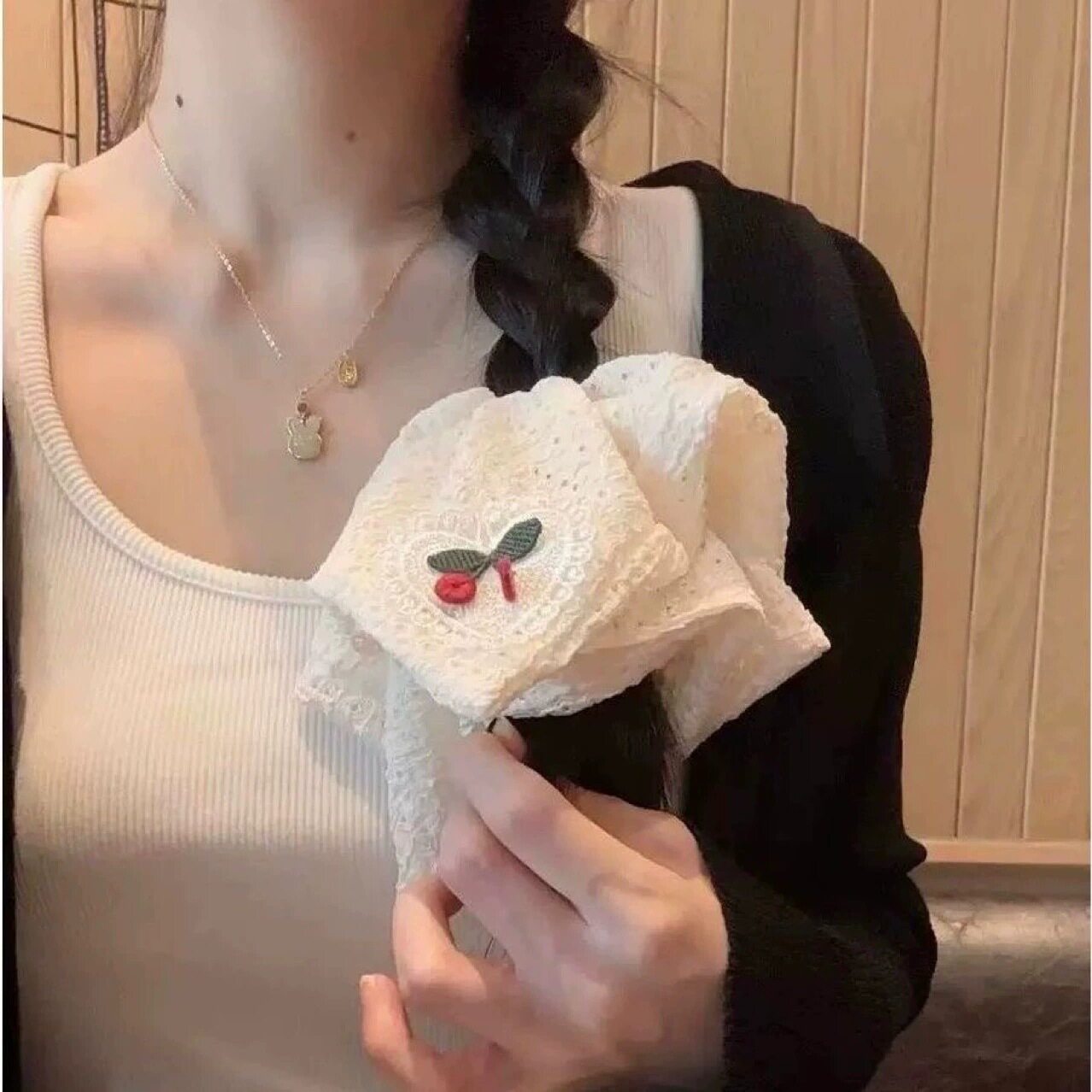 韩系蕾丝发圈高级感镂空大号樱桃方巾扎发头绳发饰