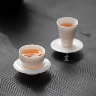 圭隐堂羊脂玉瓷杯碟套组白瓷家用茶杯主人杯品茗杯隔热杯垫套装