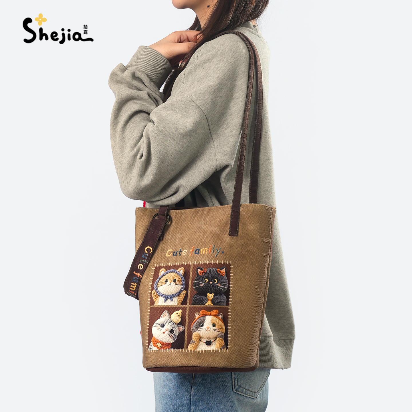 拾嘉针织猫猫家族水桶斜挎包