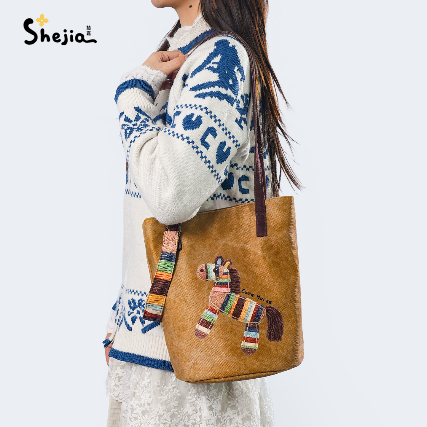 拾嘉麂皮七彩马通勤水桶斜挎包