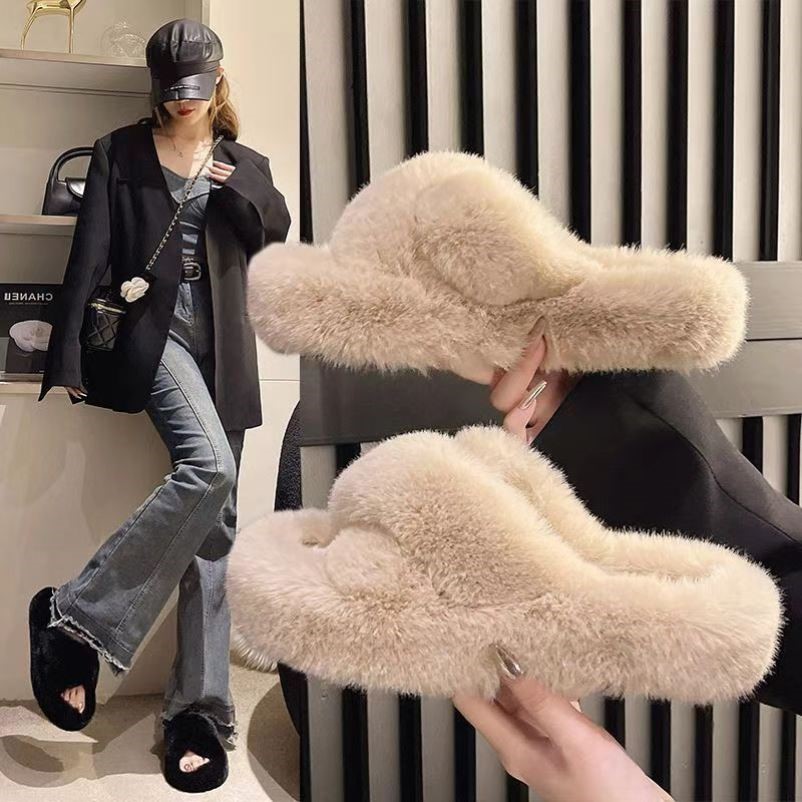 小个子厚底毛毛拖鞋女外穿秋冬季毛毛鞋